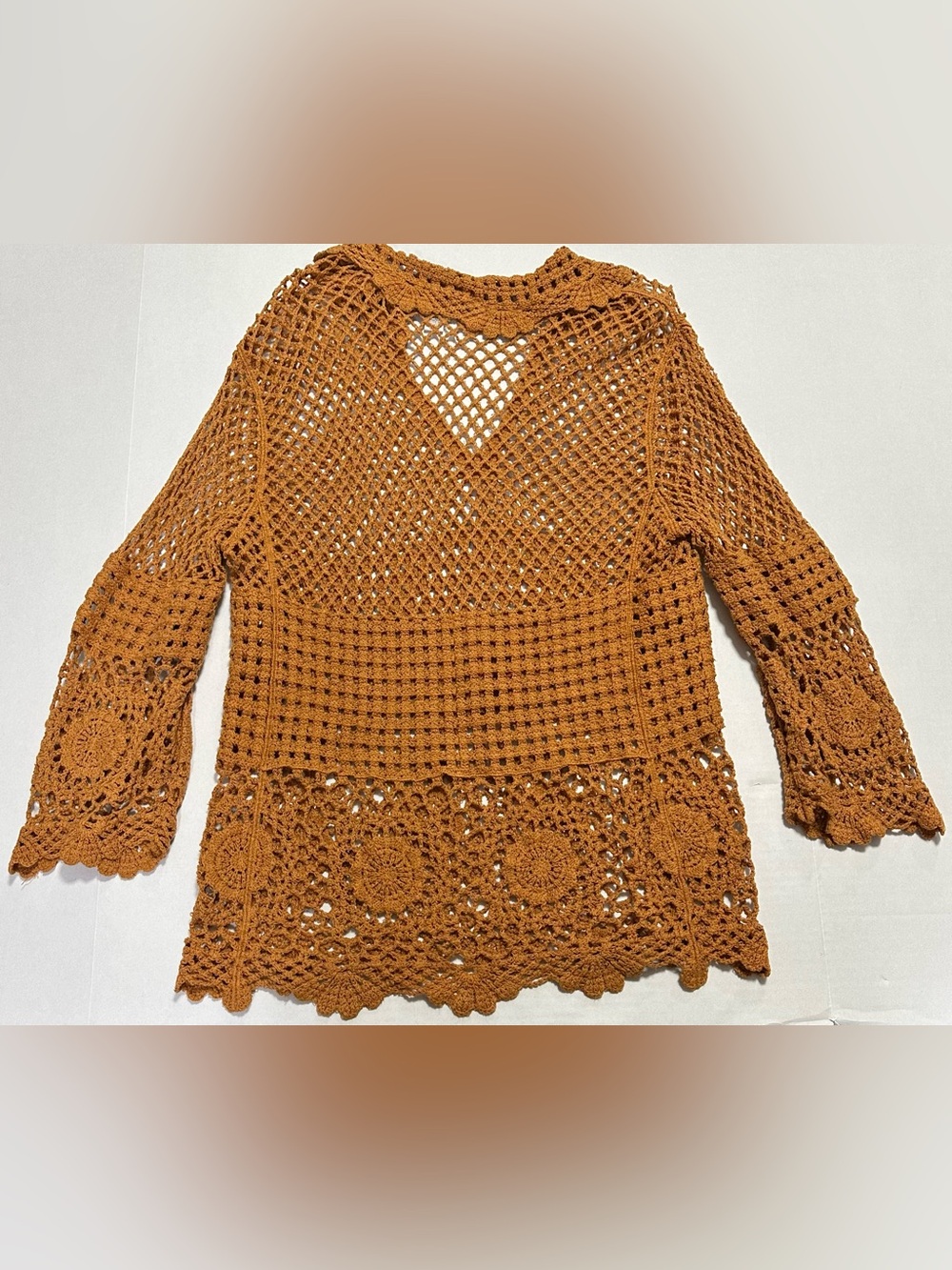Brown Boho Crochet Top Women’s M Cotton Cover-Up Tunic Mini Dress Cottagecore - Picture 2 of 12